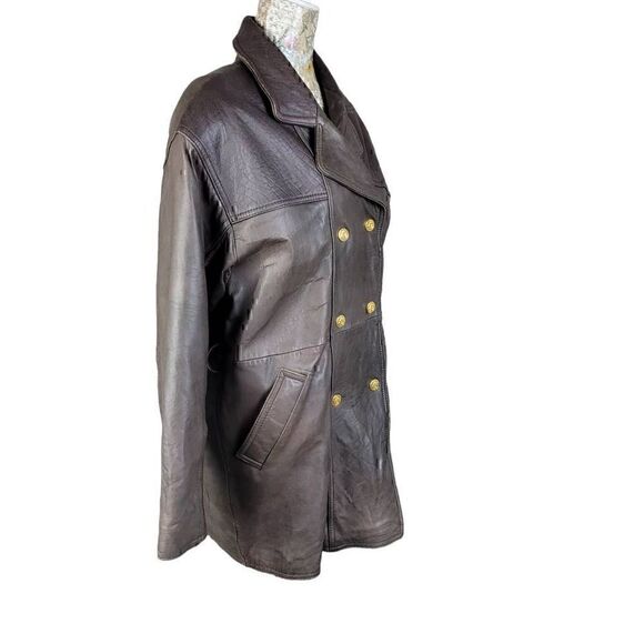 Braefair Vintage 80s Brown Leather Crested Gold Button Double Breasted Coat - Picture 6 of 16